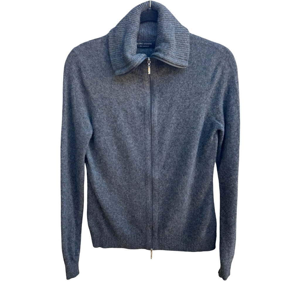 Valerie Stevens 2-Ply Cashmere Preppy Minimalist Quiet Luxury Zip Sweater Grey S